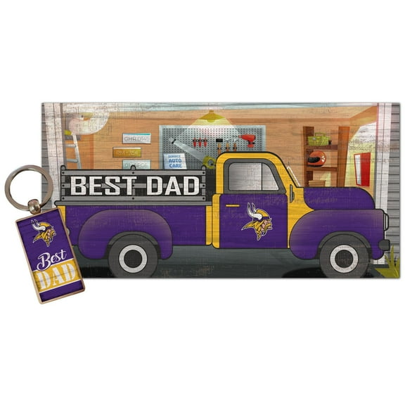 Minnesota Vikings 6'' x 12'' Best Dad Truck Sign & Key Chain Bundle