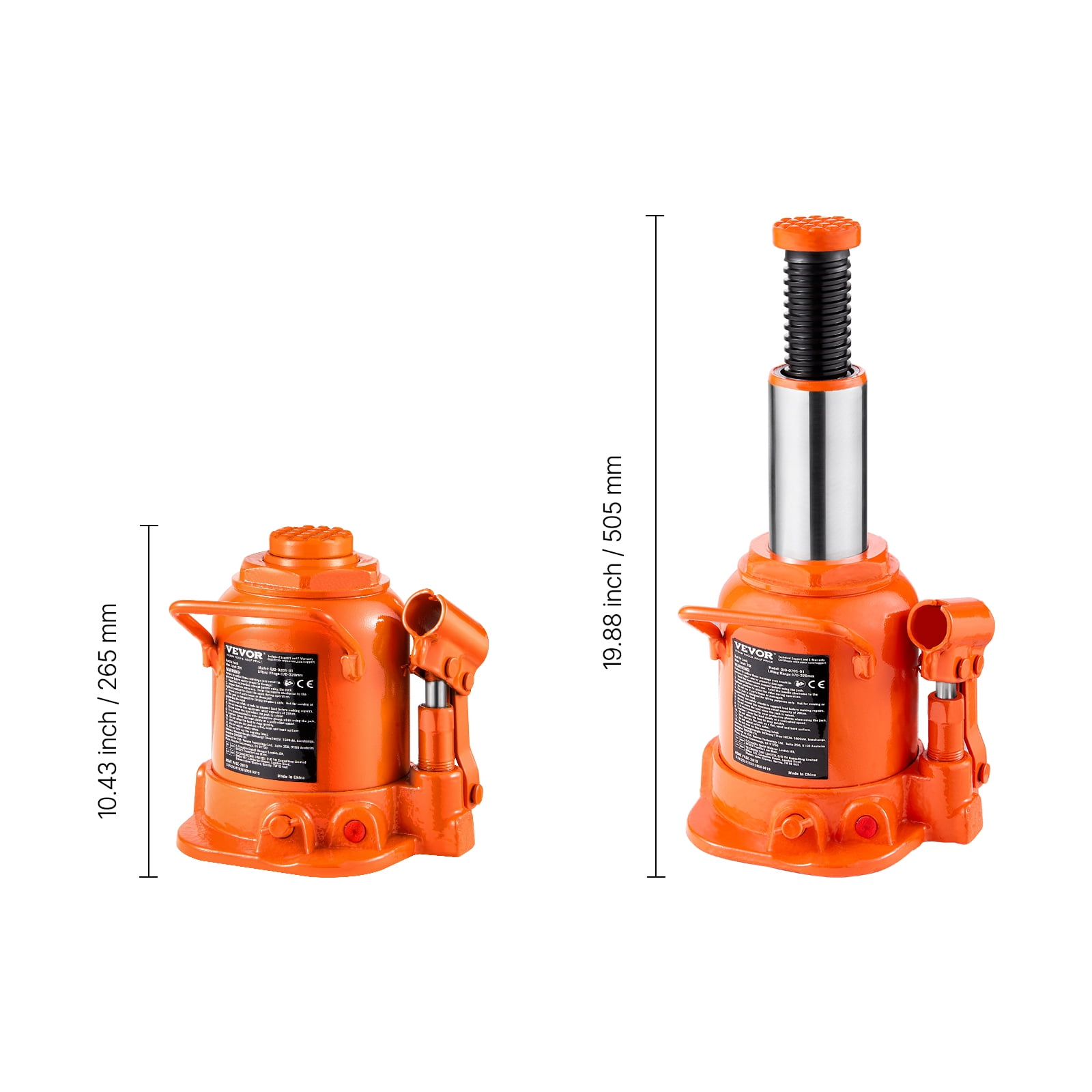 VEVOR Hydraulic Bottle Jack, 20 Ton/44092 lbs Welded Bottle Jack with 6.69''-12.6'' Lifting Range & 3-Section Long Handle