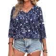 thumbnail image 5 of WellSize 3/4 Sleeve Womens Plus Size Tops Trendy V Neck Tunic Floral Blouses Curved Hem Casual Shirts, 5 of 9