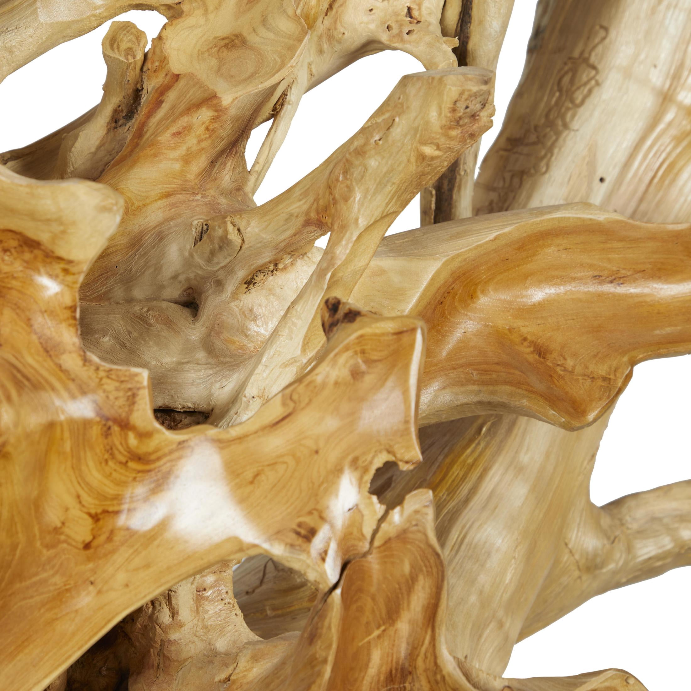 83" x 82" Light Brown Teak Wood Handmade Large Oversized Tree Root Floor Abstract Sculpture, by DecMode