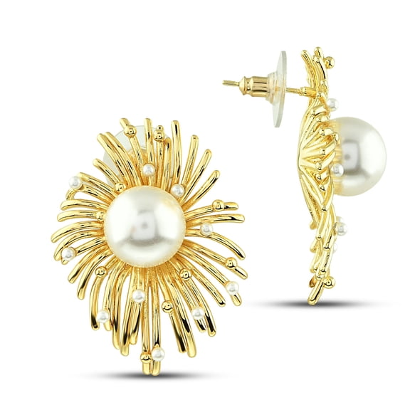 Cerem Drop White Pearl Firework Fashion Earrings - 14K Gold Plated Bridal Earrings 2 Pieces