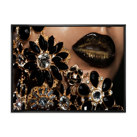 Woman Lips With Golden Jewelry 20 in x 12 in Framed Photography Canvas Art Print, by Designart