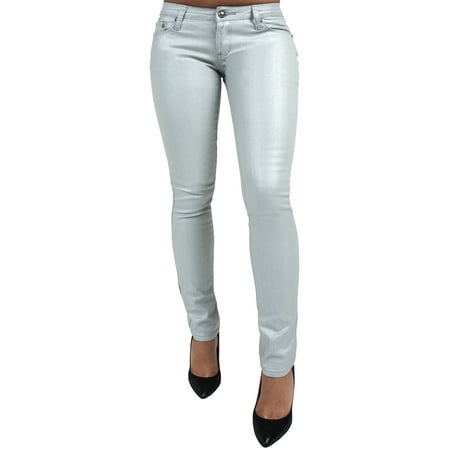 S&P Contemporary Women's Skinny Jeans Stretch Silver Coated Denim Embroidery