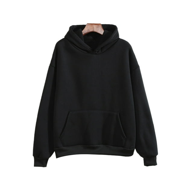 MAWCLOS Women Fleece Hoodies Solid Color Sweatshirt Long Sleeve Hooded Tops Loose Fit Winter Collared Pullover Black S