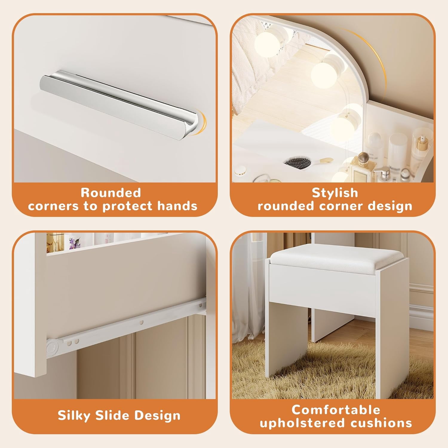 26.4" Small Makeup Vanity Set with Mirror and Lights, NEORIVER Modern Vanity Desk with Bench and Power Outlets
