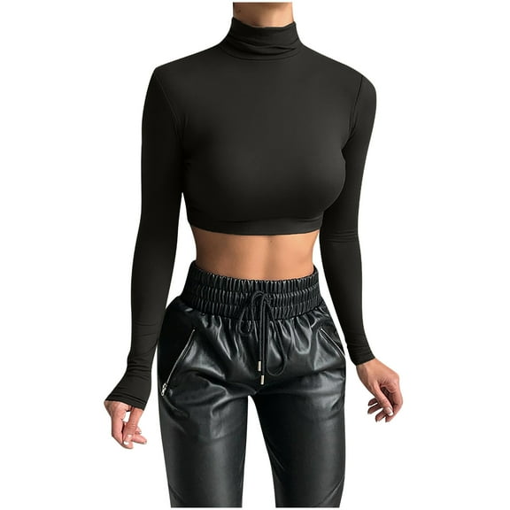 Basic Long Sleeve Crop Top, Women Turtleneck Sexy Casual Top Stretchy Slim Fitted T-shirt Underscrubs Layer Tee Tops