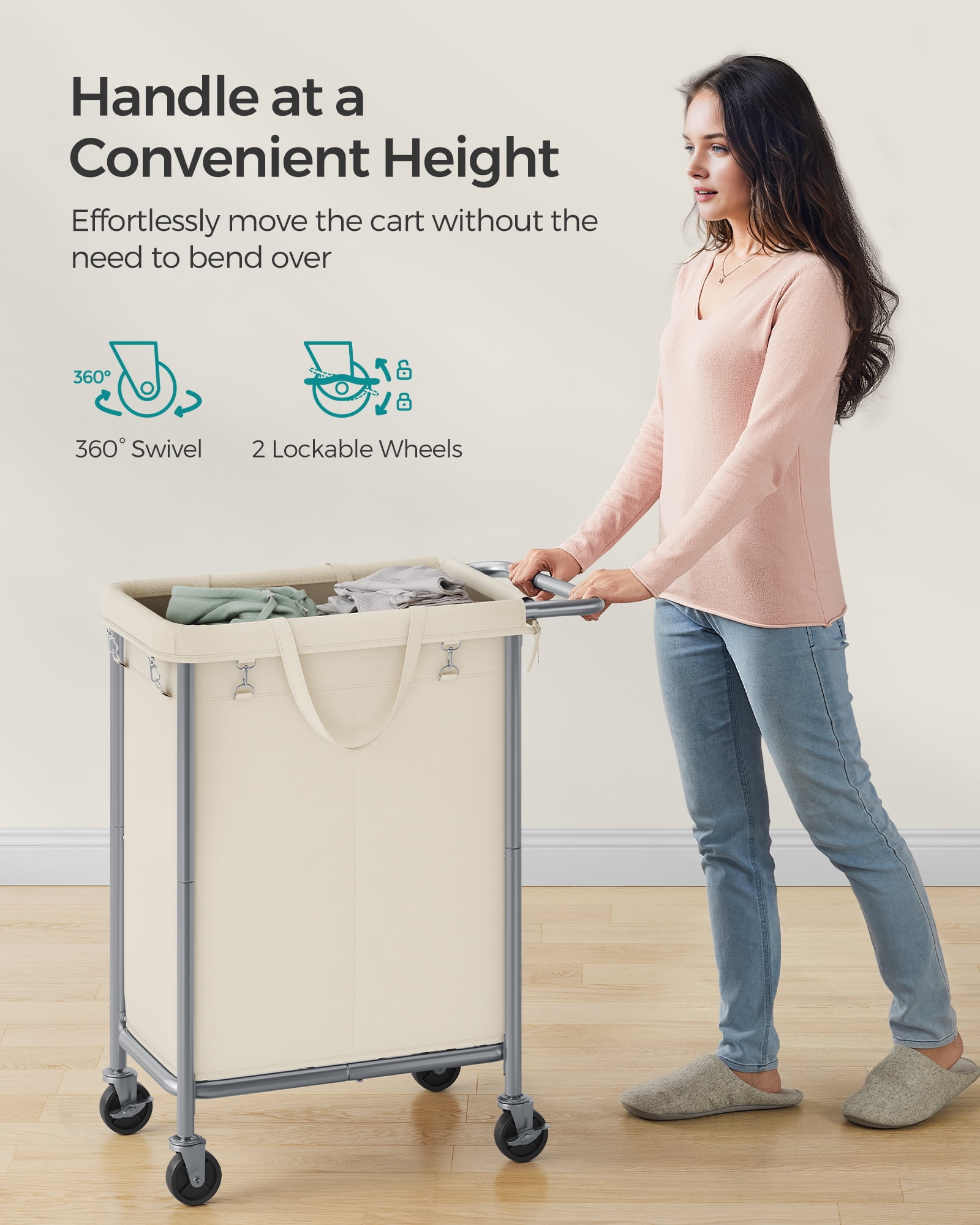 2-Section Rolling Laundry Basket Storage with Wheels, 37 Gallons Laundry Hamper, Removable Liner, Steel Frame with Handle, 27.2 x 15.4 x 31.9 Inches