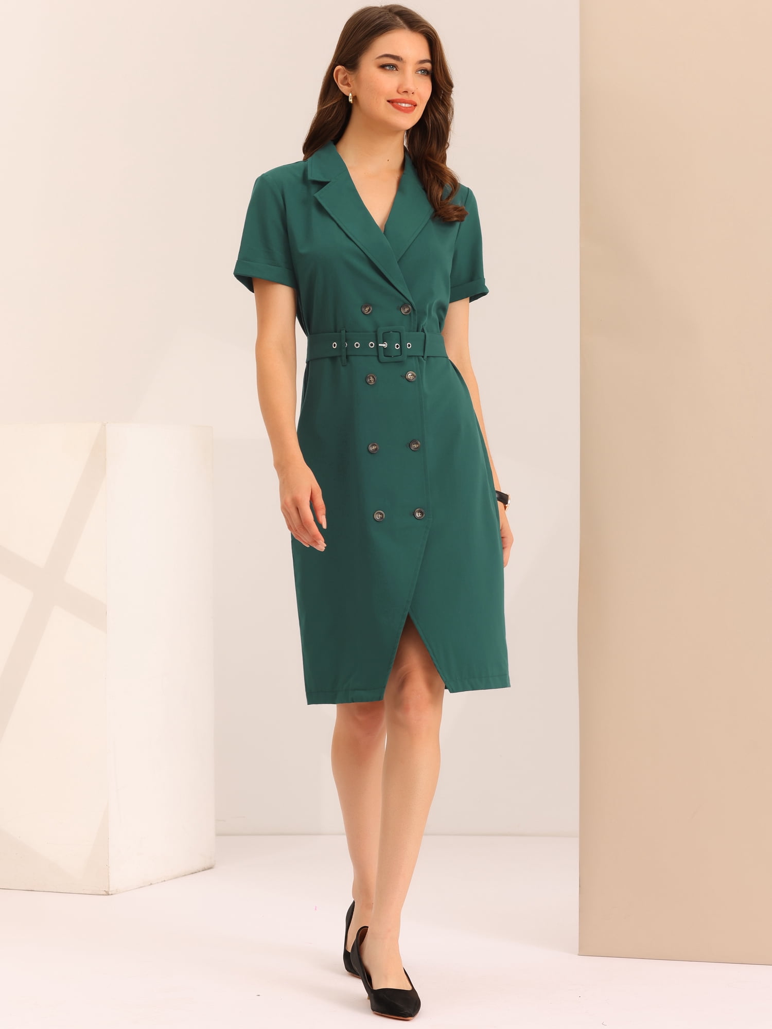 DARING DIVA Women's Short Sleeve Notched Lapel Double Breasted Blazer Dresses S Dark Green