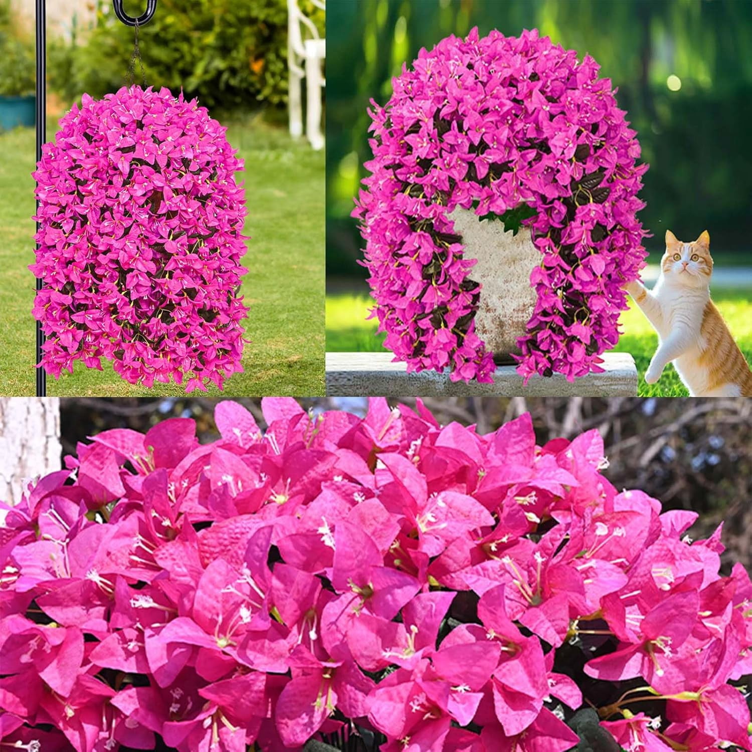 2Pcs UV Resistant Artificial Flowers for Outdoors, Realistic Faux Silk Bougainvillea Flowers, Fake Hanging Plants for Porch Patio Balcony Decoration (Purple)