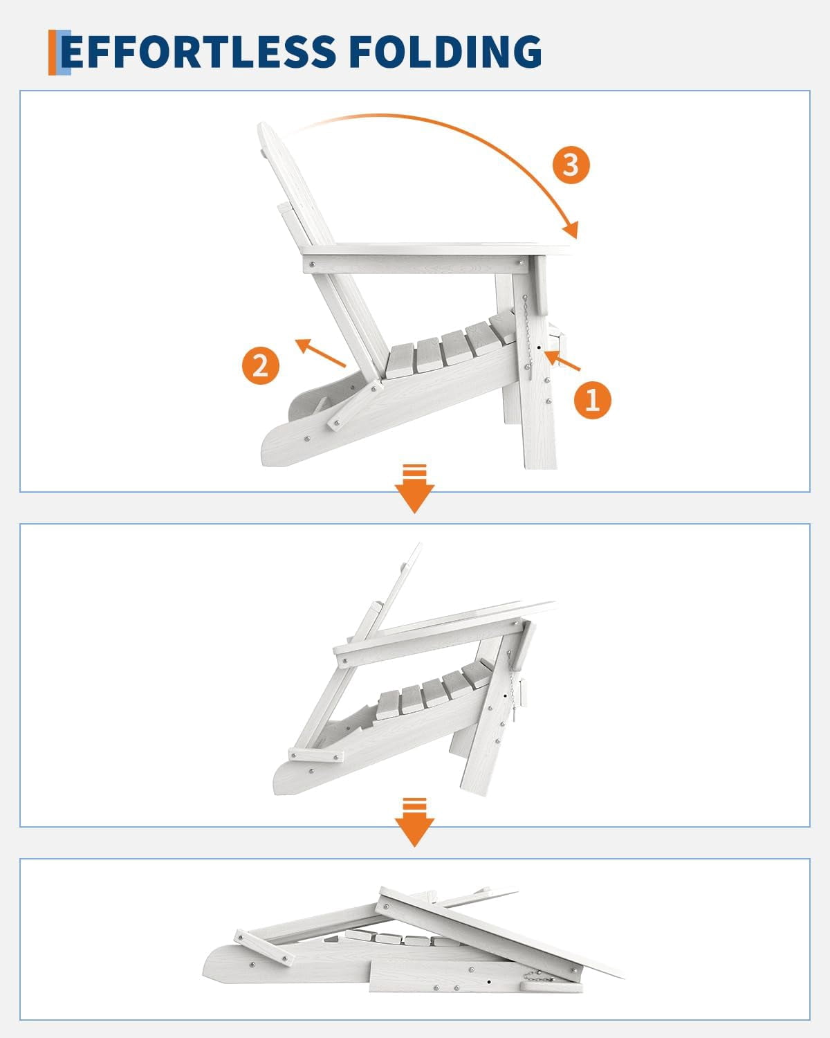 Folding Adirondack Chairs Set of 2, HDPE Plastic Outdoor Chairs with Wood Texture 380 LBS & Weather Resistant for Fire Pit, Deck, Patio, Pool, Backyard White