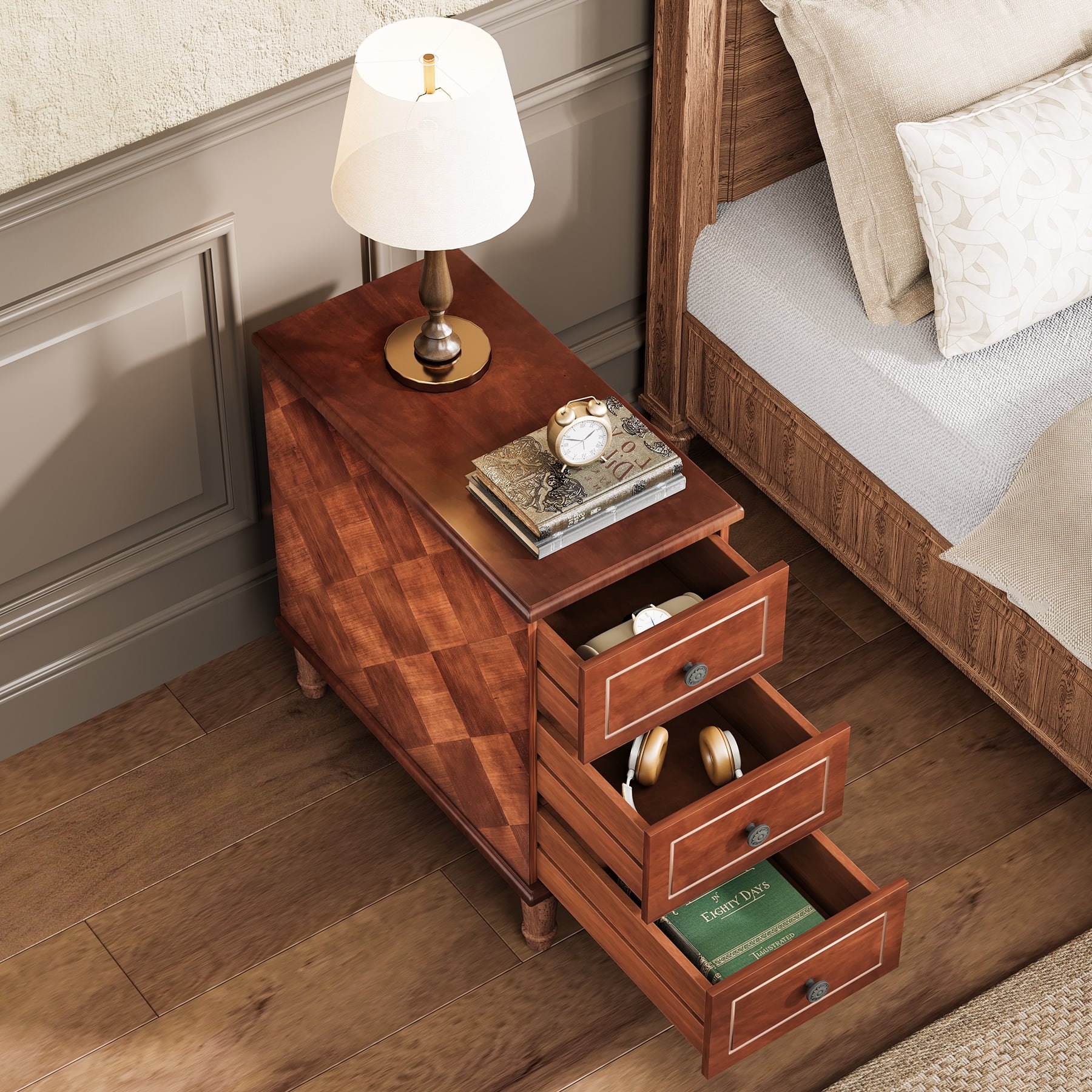 Fnova Side Tables with 3 Drawers, No Assembly Required, Narrow End Tables for Living Room, Nightstand Bedside Table for Bedroom, Walnut