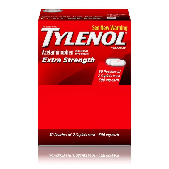 Tylenol Extra Strength, 500 mg. Acetaminophen, 2 caplets/pk., 50 pk.