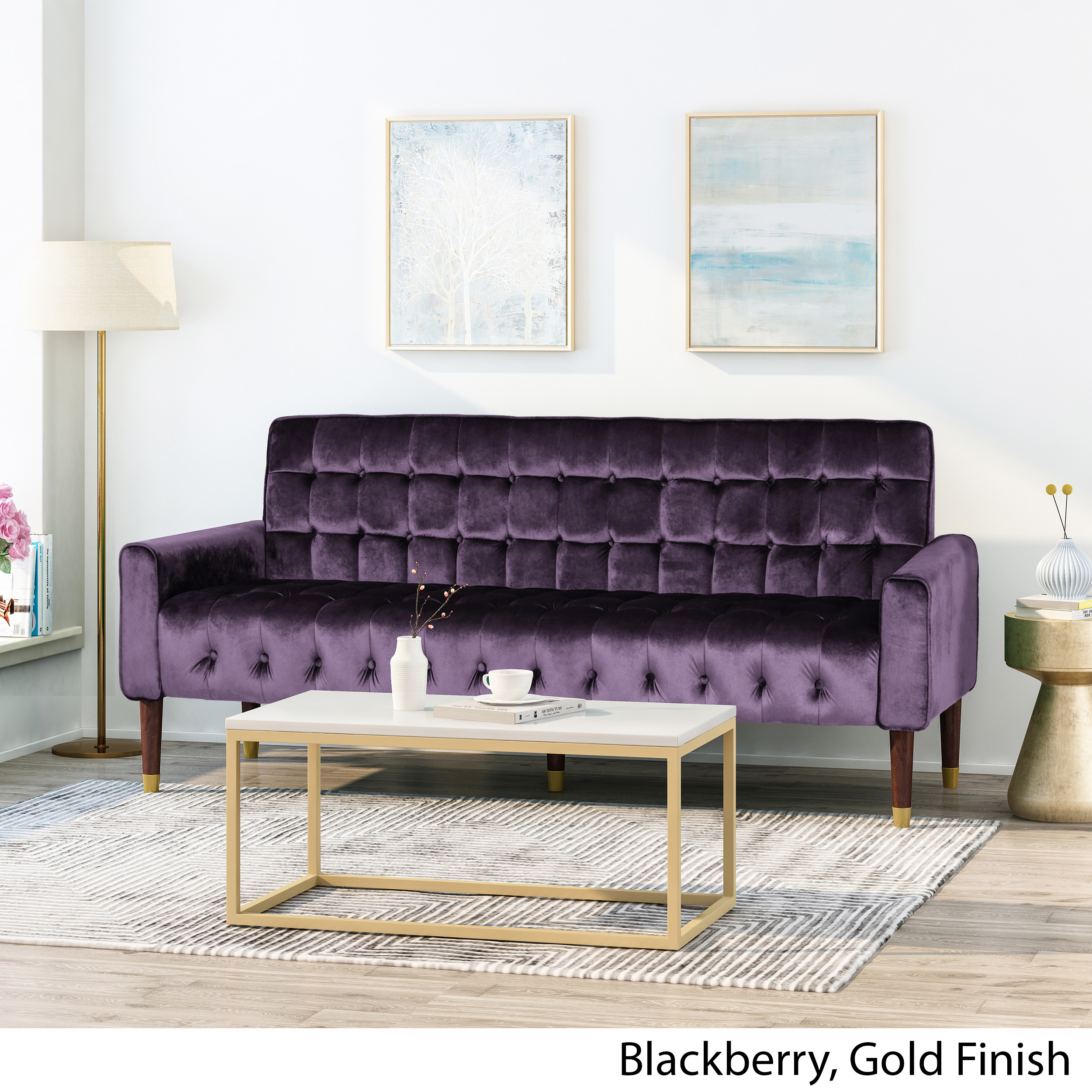 Noble House Gracelynn Tufted Velvet Sofa, Blackberry