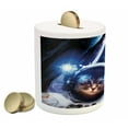 thumbnail image 2 of Space Cat Piggy Bank, Kitten in Suit Planets Nebula Supernova Eclipse Art Cosmos, Ceramic Coin Bank Money Box for Cash Saving, 3.6" X 3.2", Dark Blue Orange, by Ambesonne, 2 of 4