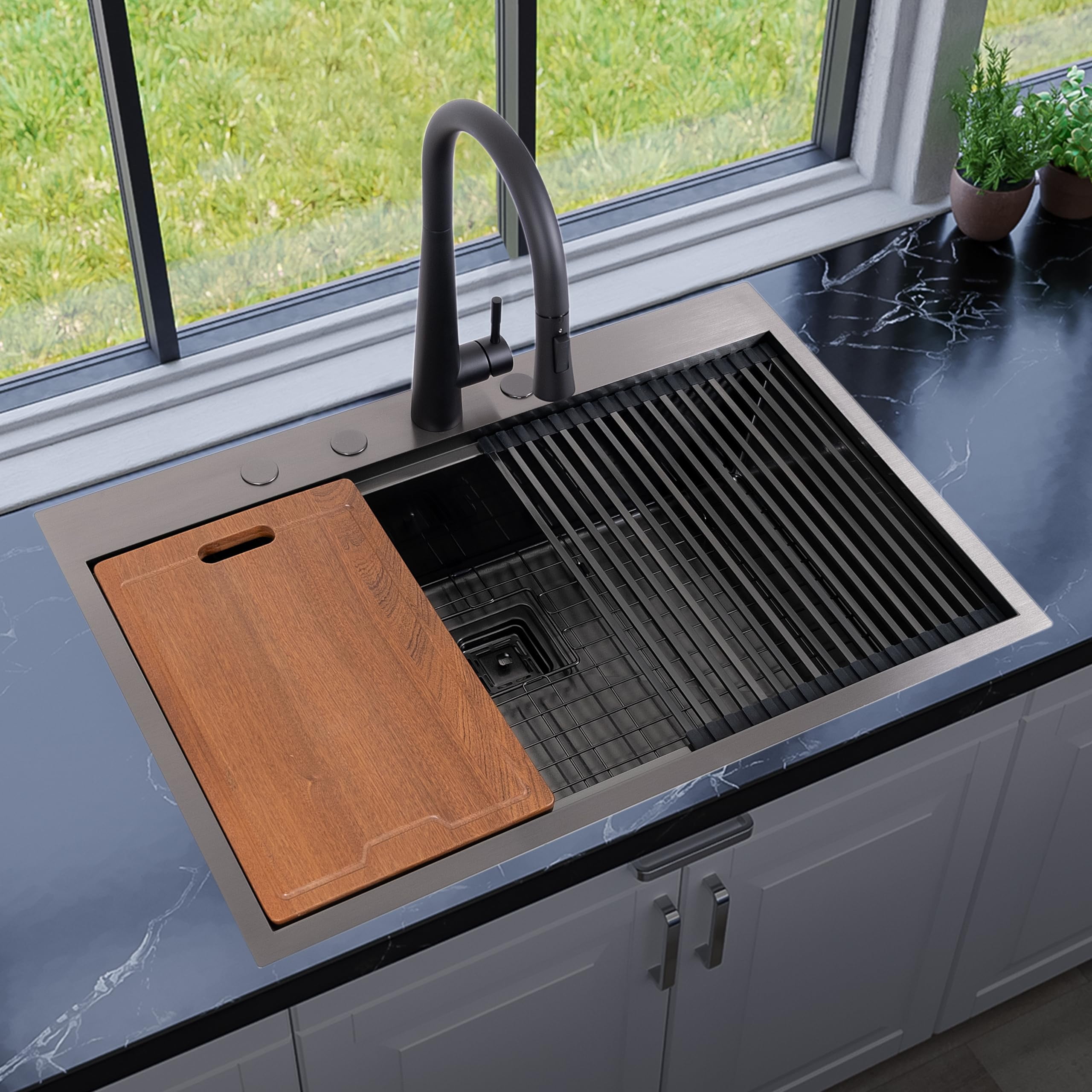 Strictly Sinks 33" Topmount Kitchen Workstation Black Single Bowl 16ga Stainless Steel Drop In Sink