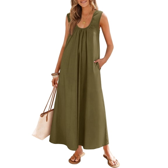 MEROKEETY Women's 2026 Summer Boho Ruched Maxi Dress Sleeveless Loose Tank Beach Vacation Sundress with Side Pockets, ArmyGreen, M