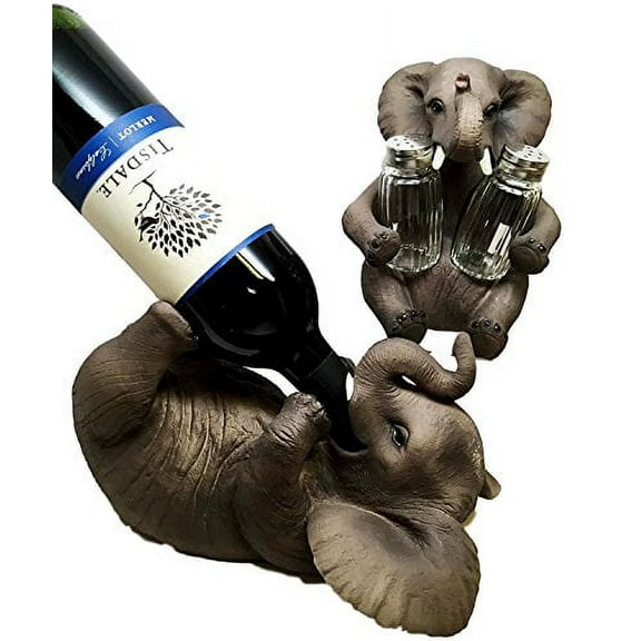 SAFARI ELEPHANT PACHYDERM SALT PEPPER SHAKERS AND WINE OIL BOTTLE HOLDER SET