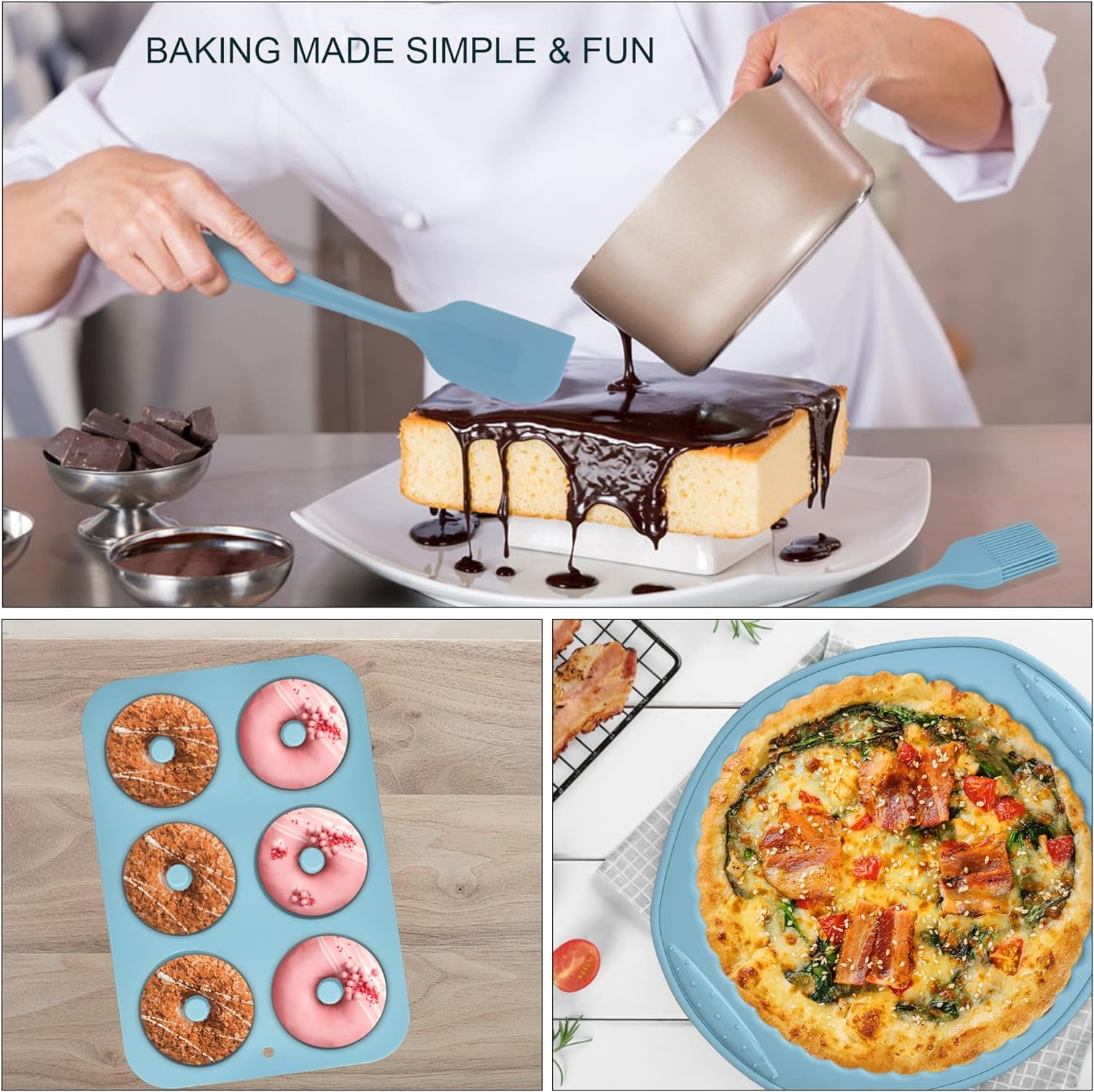9in1 Nonstick Silicone Baking Fluted Cake Pan Cookie Sheet Molds Tray Heat Resistant Bakeware Tools Kit for Muffin Loaf Bread Pizza CupcakeUtensil