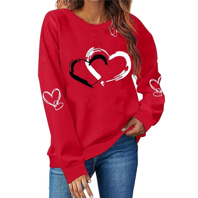 Xuyuer Valentines Day Shirts Women Valentine Crewneck Sweatshirts Love Heart Sweatshirt Valentine's Long Sleeve Tops Printed Sweatshirt Casual Loose Vintage Graphic Pullover Tops