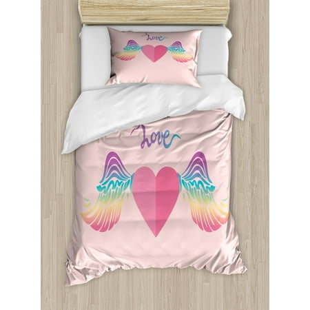 

Pride Duvet Cover Set Twin Size Love Typography Heart with Wings in Rainbow Colors Cute Illustration LGBT Community Decorative 2 Piece Bedding Set with 1 Pillow Sham Multicolor by Ambesonne