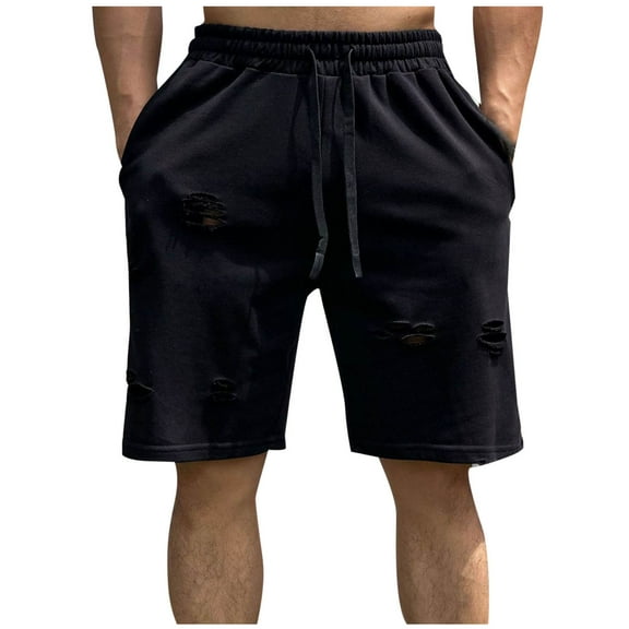 Simua Men's Distressed Fleece Shorts | Loose Fit Drawstring Elastic Waist For All Season Casual Gym