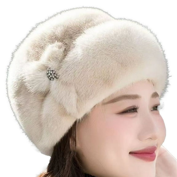 Prolriy Fuzzy Bucket Hats for Woman Winter Middle and Elderly Women's Hats Winter Faux Flower Decor Hats Elderly Hats Mothers Grandma Old Ladies Hats Winter Hats for Women Beige