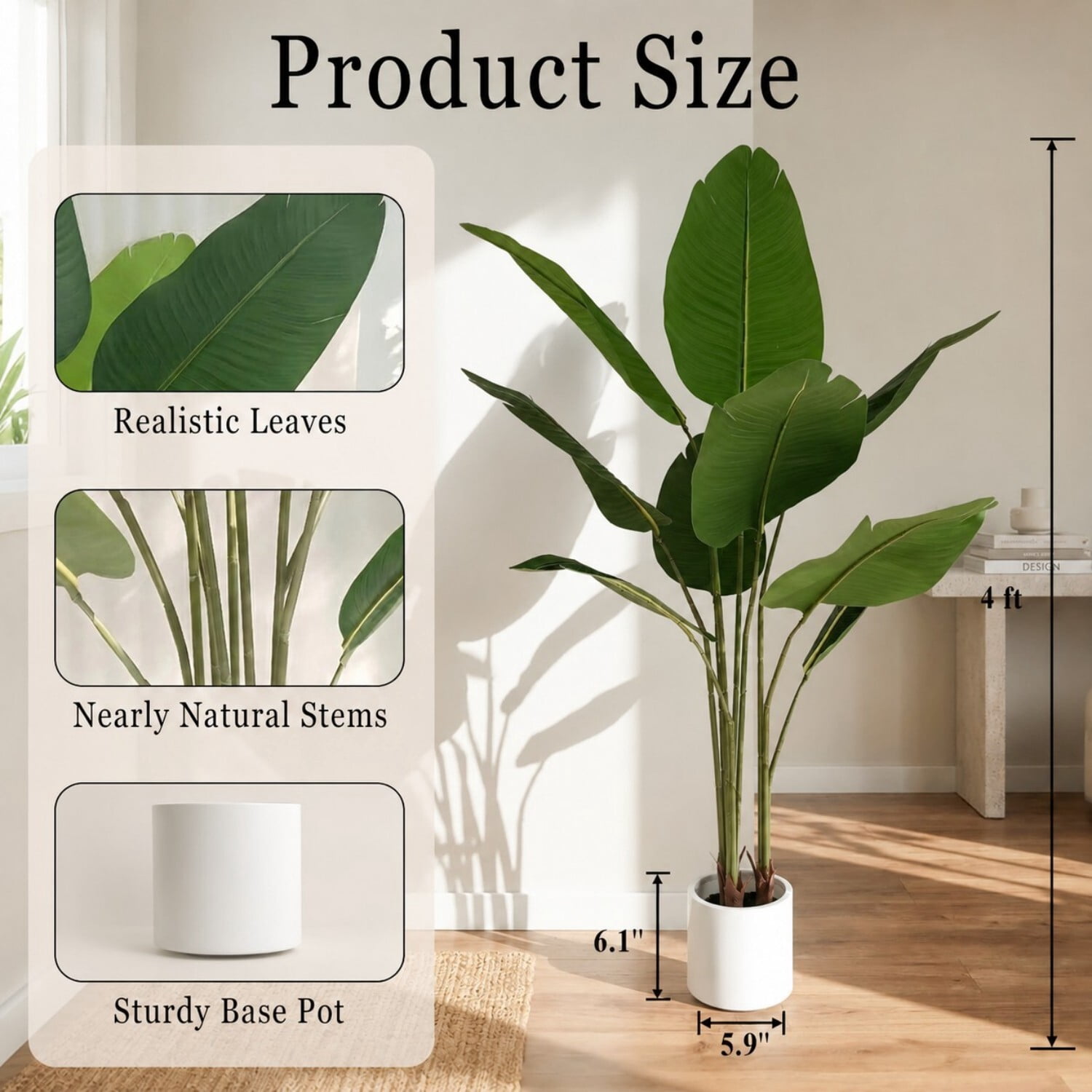 Easy4Home 4FT Artificial Plant Fake Tropical Palm Tree Potted Indoor Faux Floor Plant for Home Office Decor, White Pot