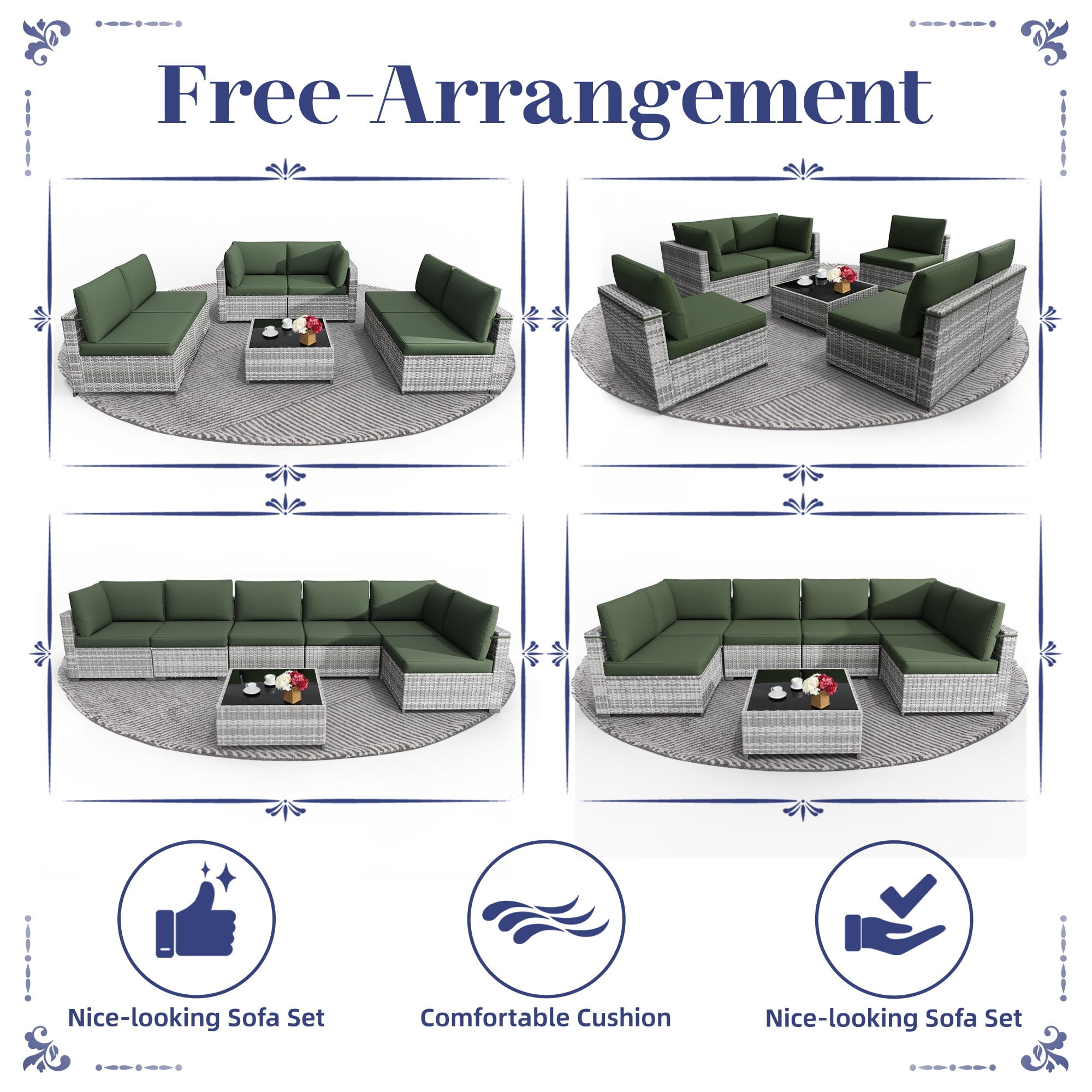 KIGOTY 7 Piece Outdoor Patio Furniture, Wicker Rattan Outdoor Conversation Set Sectional Sofas for Backyard, Garden,Grayish-White Dark Green