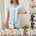 thumbnail image 5 of Dvprdro Pajamas for Women Casual Short Sleeve Satin Pajama Set 2 Piece Loose Fit Button Down Turndown Collar Sleep Tops and Shorts Loungewear Home Set, 5 of 5