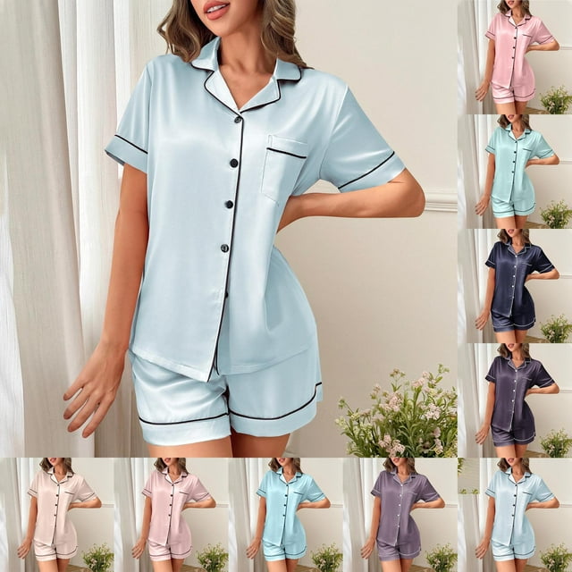 Ensemble de Pyjama en Satin de Soie pour Femmes Vêtements de Détente Ensemble de Pyjama Deux Pièces Boutonné