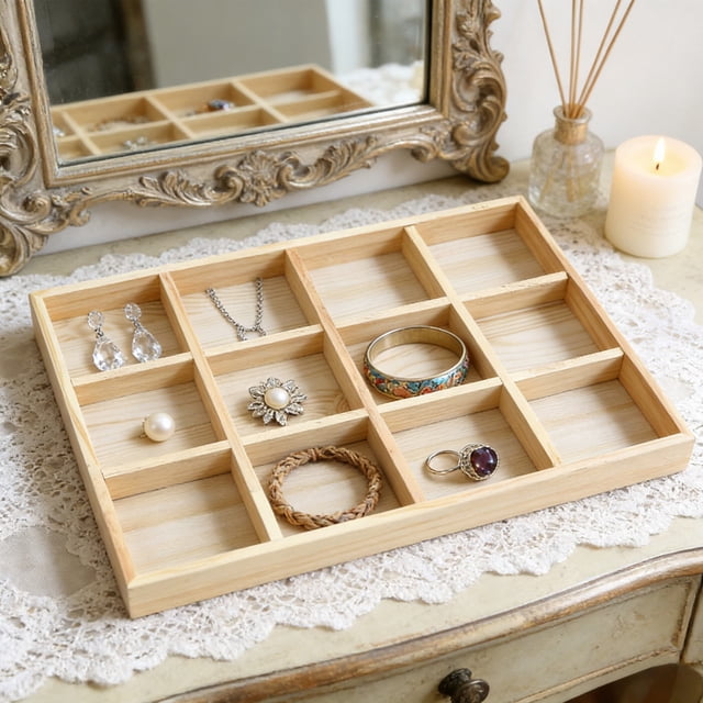 Wooden Sorting Tray 13.77 Inches Multi Compartment Storage Divider Organizer Showcase Display Box Home Handicraft Jewelry Tea Bags Small Parts Office Kitchen Storage Solution