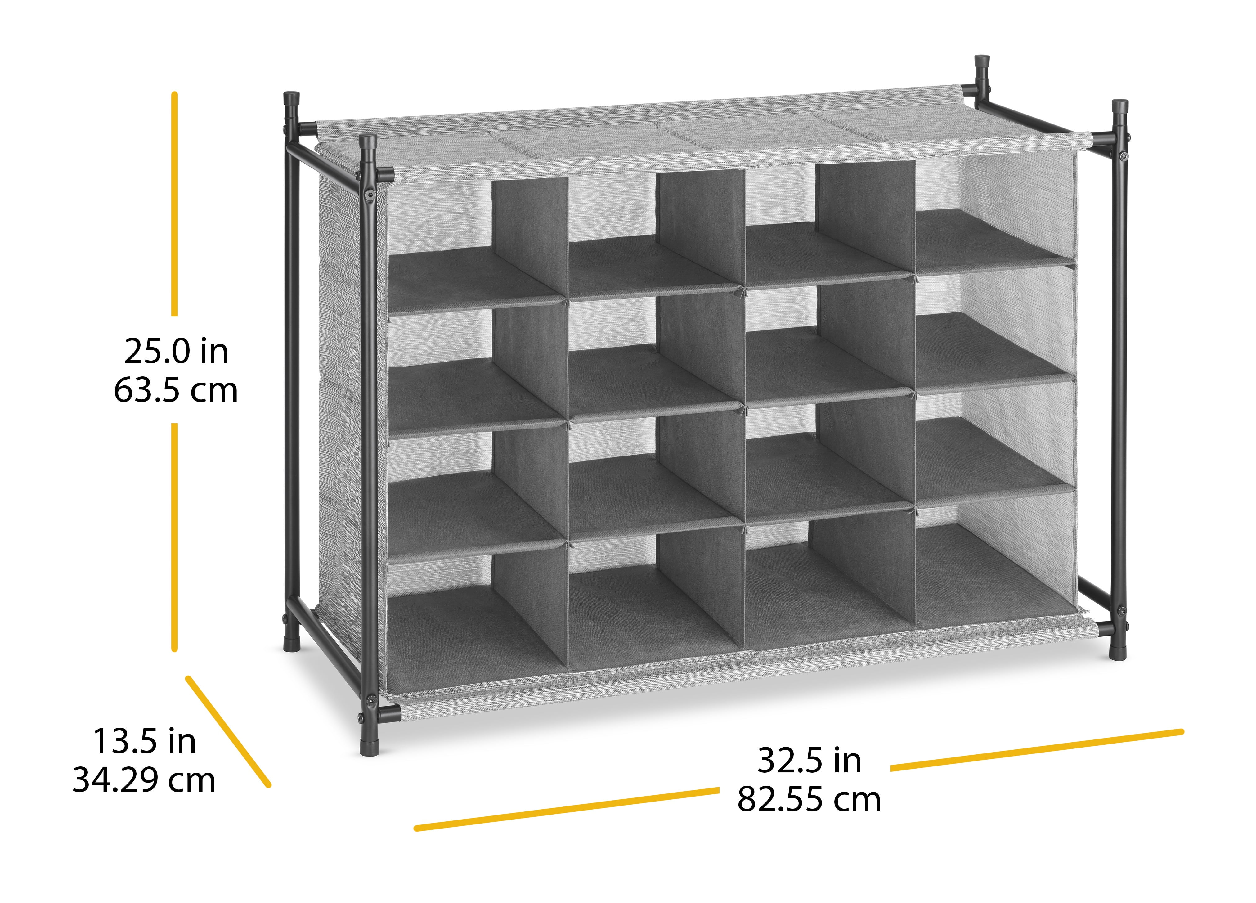 Whitmor 4-Tier Fabric Shoe Rack, Space-Saving Storage Cubbies, 16-Cubbies, Gray & Black