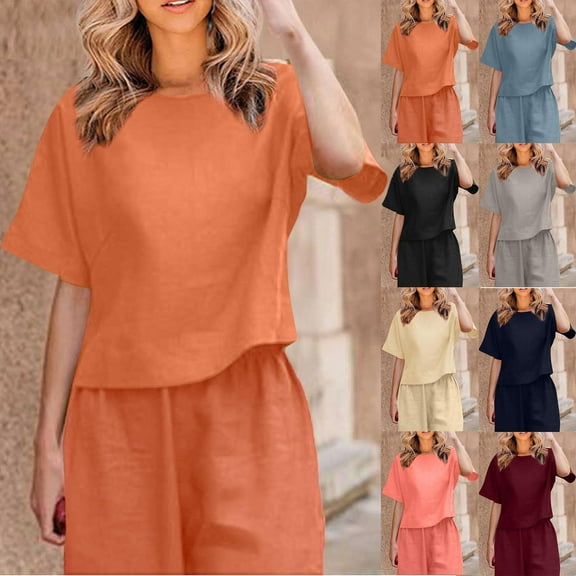 Olyvenn Fashion Women's Linen Shirts Plus Size Short Sleeve Cotton Blouses Casual Loose Crew Neck Solid Boxy Tunics Top Beige 8