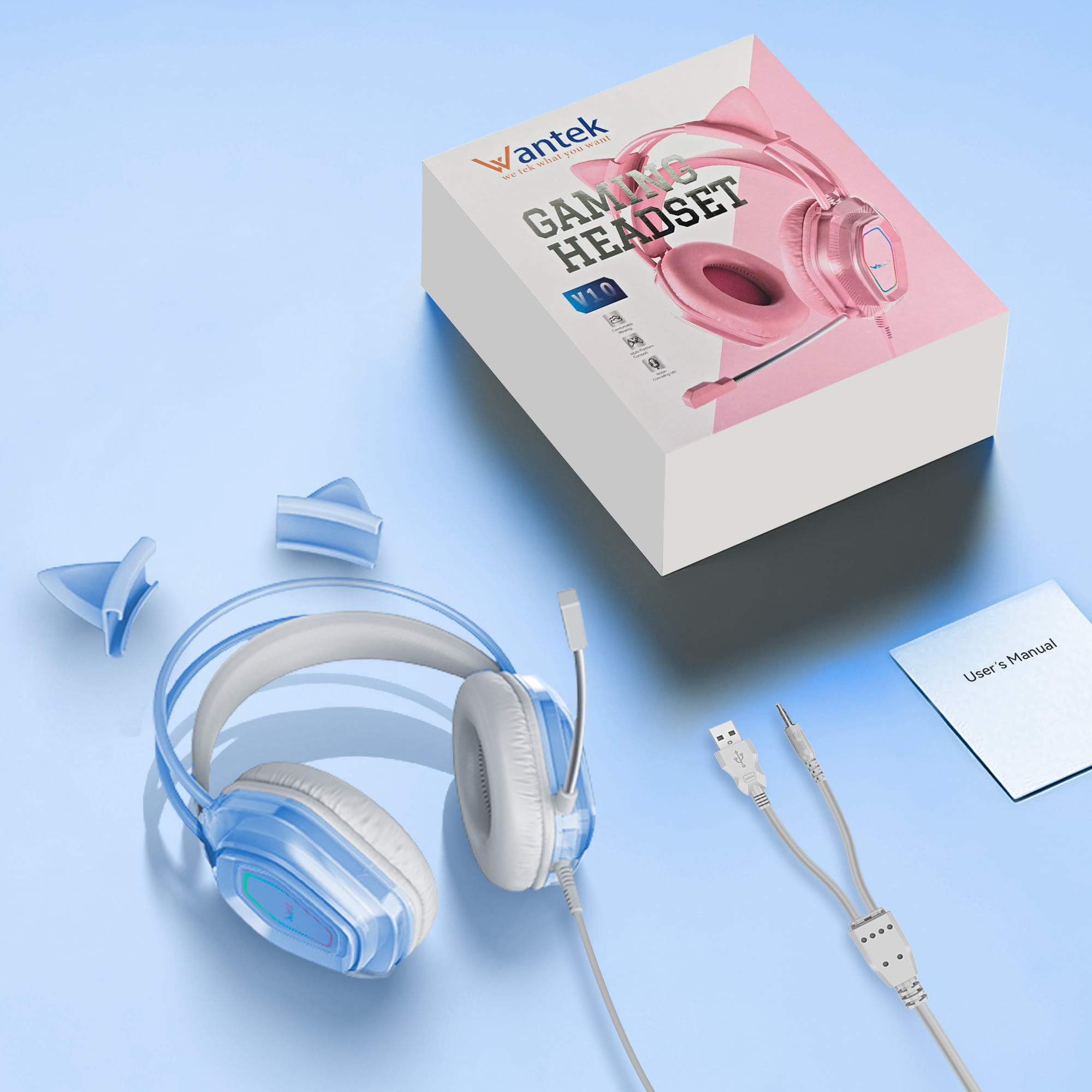 Wantek Gaming Headsets, Surround Stereo Gaming Headphones with Noise Cancelling Mic, LED Lights & Soft Memory Earmuffs for PS5/ PS4/ Xbox One/Nintendo Switch/PC Mac Computer Games- Blue