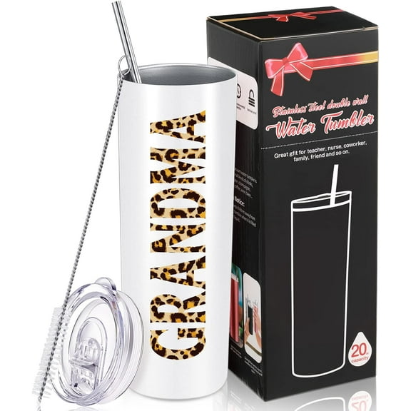 Water Tumbler for Grandma, Mother''s Day Gifts for Grandmother from Grandchildren, Granddaughter, Grandson, Funny Birthday Christmas Presents, 20 oz Insulated Leopard Tumbler Cup with Lid Straw Brush