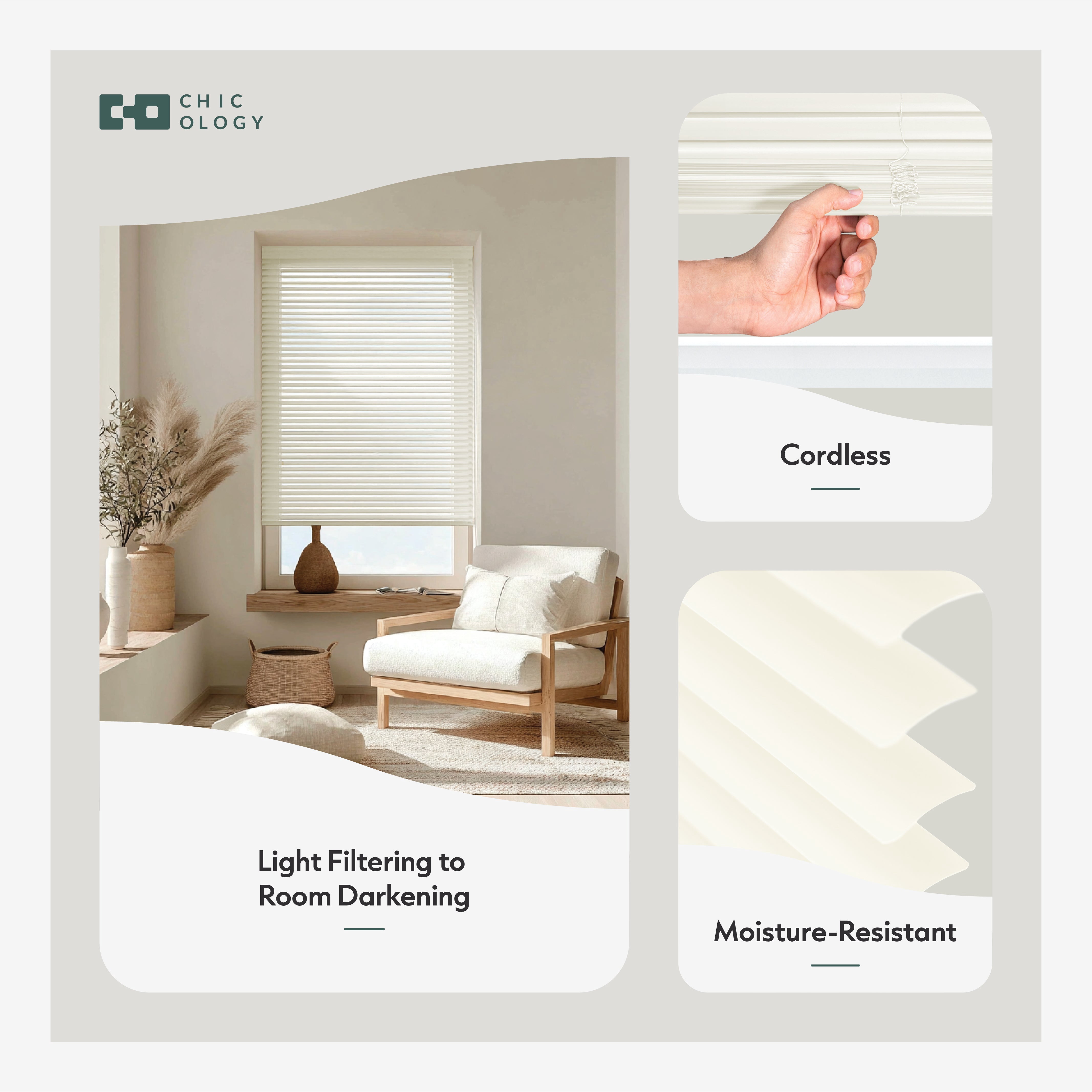 Chicology 57"W x 48"H Alabaster Cordless Vinyl Mini Window Blinds 1" Slats
