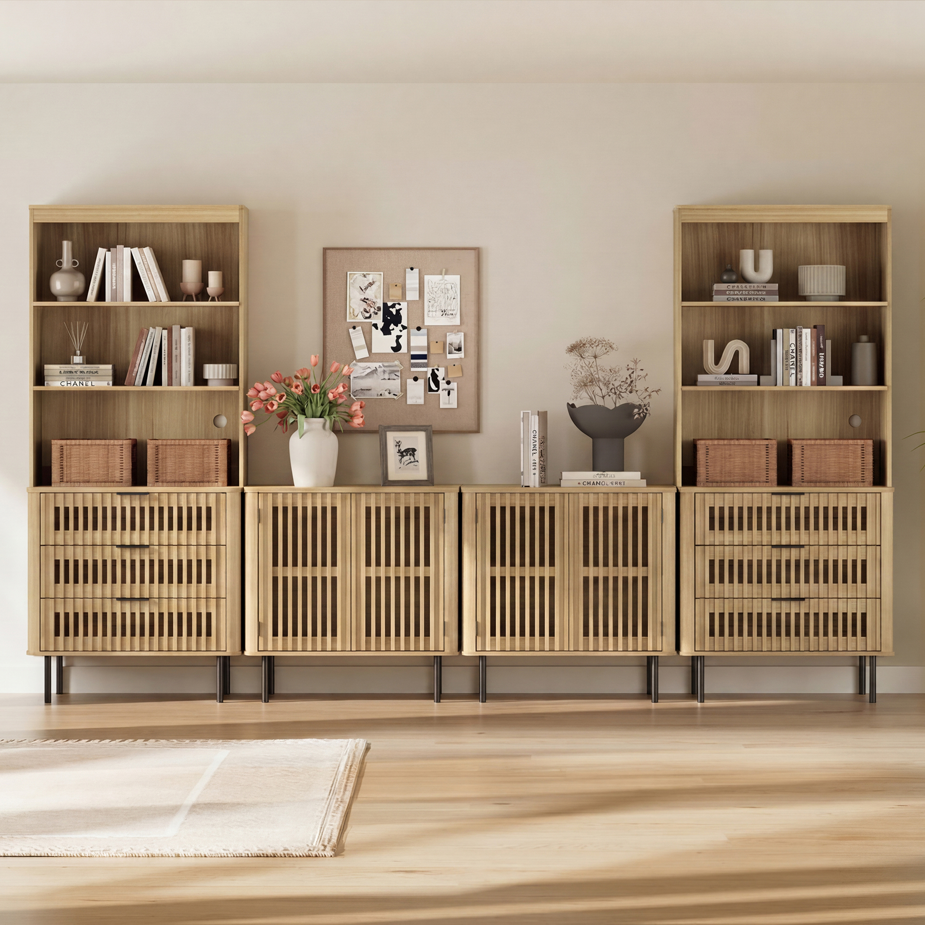 WAMPAT Entertainment Center with Bookshelves for TVs up to 75",Oak