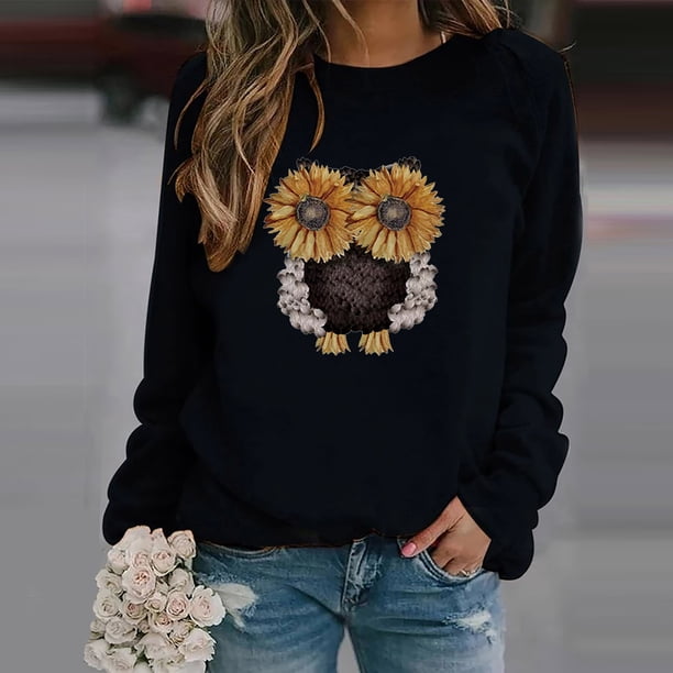 Puntoco mujeres o-cuello encantador búho impresión cómoda manga larga sudadera tops Puntoco Puntoco-1485