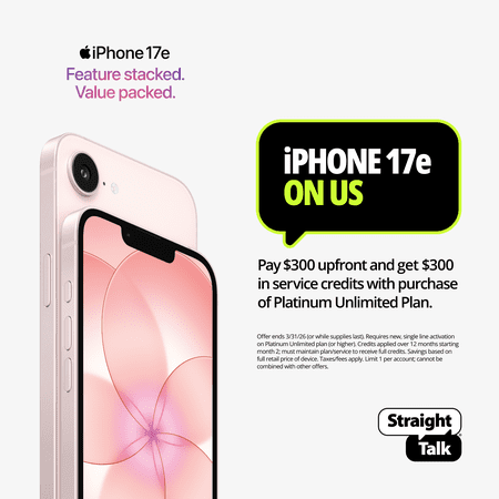 Straight Talk Apple iPhone 17e Bundle with Platinum Unlimited 30-Day Plan, 5G, 256GB, Soft Pink - Prepaid Smartphone [Locked to Straight Talk]