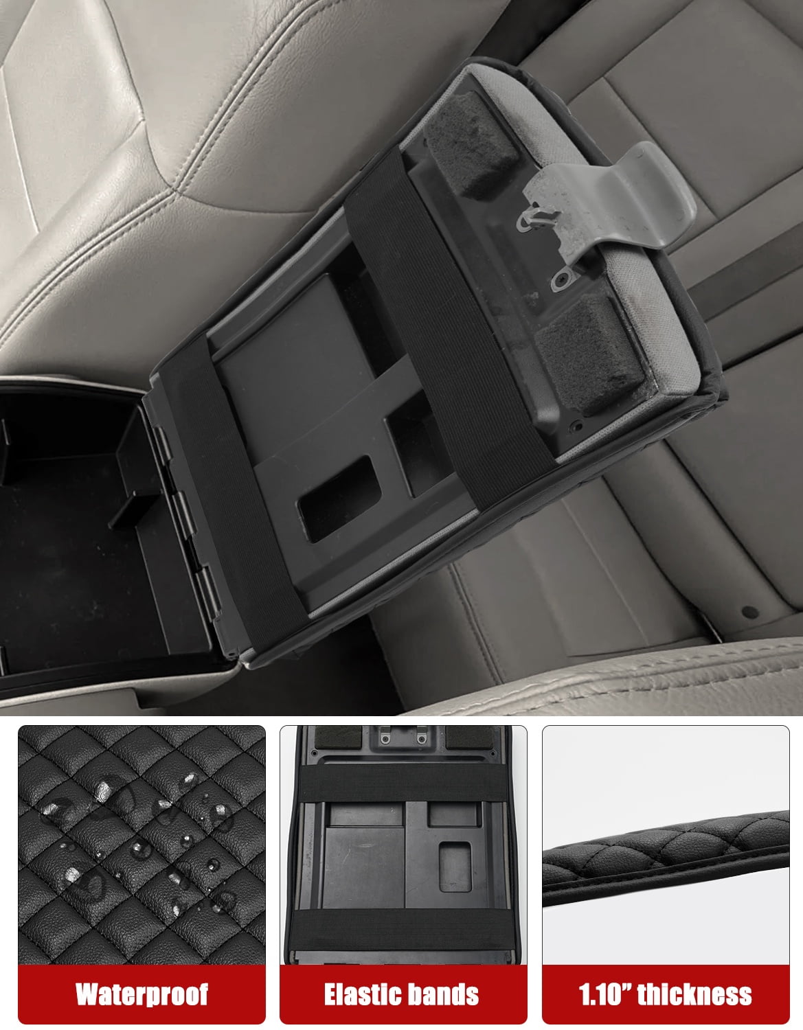 KBH Ford Armrest Cover for 2004-2010 F150 with 40/20/40 Split Bench Jump Seat, Black Leather Middle Console Cover Cushion Pad for F150 Accessories Interior