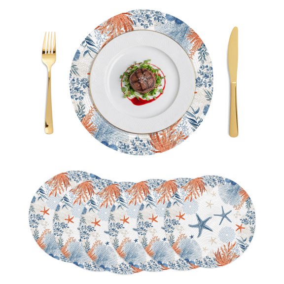 Round Placemats Ocean Coastal 15 inch Set of 6 Table Mats for Dining Table Summer Beach Blue Starfishes Corals Leaves Heat Resistant Non-Slip Kitchen & Home Decorative Place Mat Set