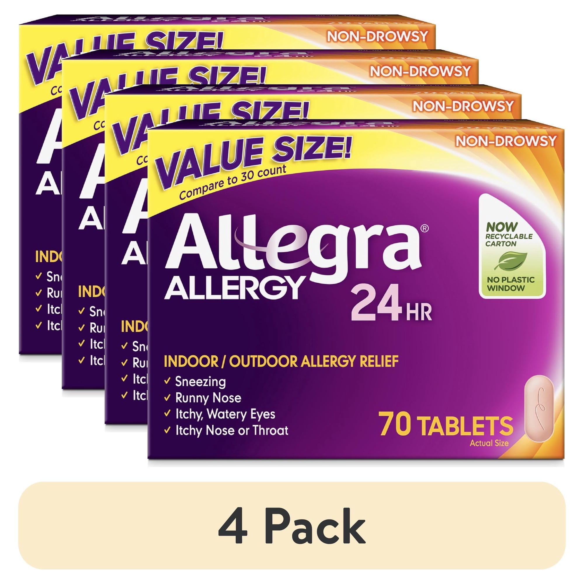 (4 pack) Allegra Adult 24-Hour Allergy Relief Tablets, Non-Drowsy Indoor and Outdoor Allergy Medicine, 180 mg Fexofenadine HCI Antihistamine Pill, 70-Count