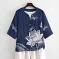 thumbnail image 4 of Xoenoiee Lotus Flwoer Leaves Dragonfly Print Button Down Shirts for Women Summer 2026 Cotton Linen V Neck 3/4 Sleeve Tops Loose Vacation Beach Blouses Tunic, M, 4 of 7