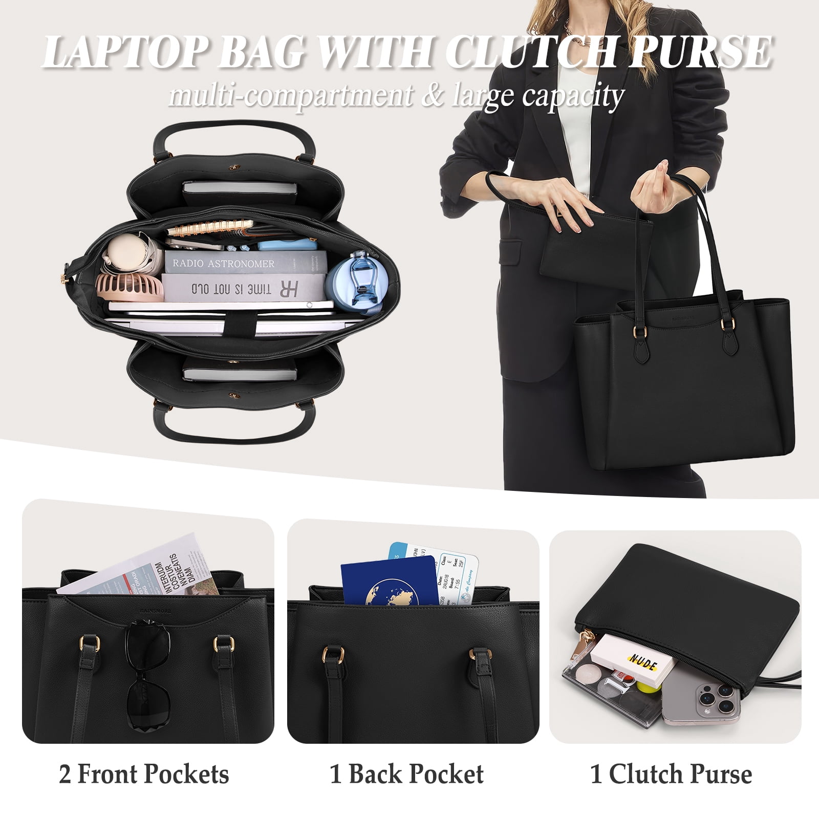 RAINSMORE Laptop Bag for Women 15.6 Inch Work Tote Bags Waterproof Computer Bags Leather Professional Laptop Purse Womens Laptop Briefcase Large Handbag for Office Teacher Travel