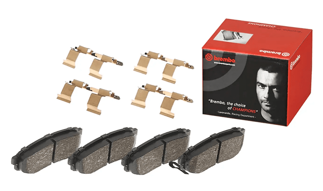 Brembo P78018; Brake Pad; FMSI Number D1124-8231; Low-Metallic; Set Of 4; With Mounting Hardware And Pad Wear Sensor