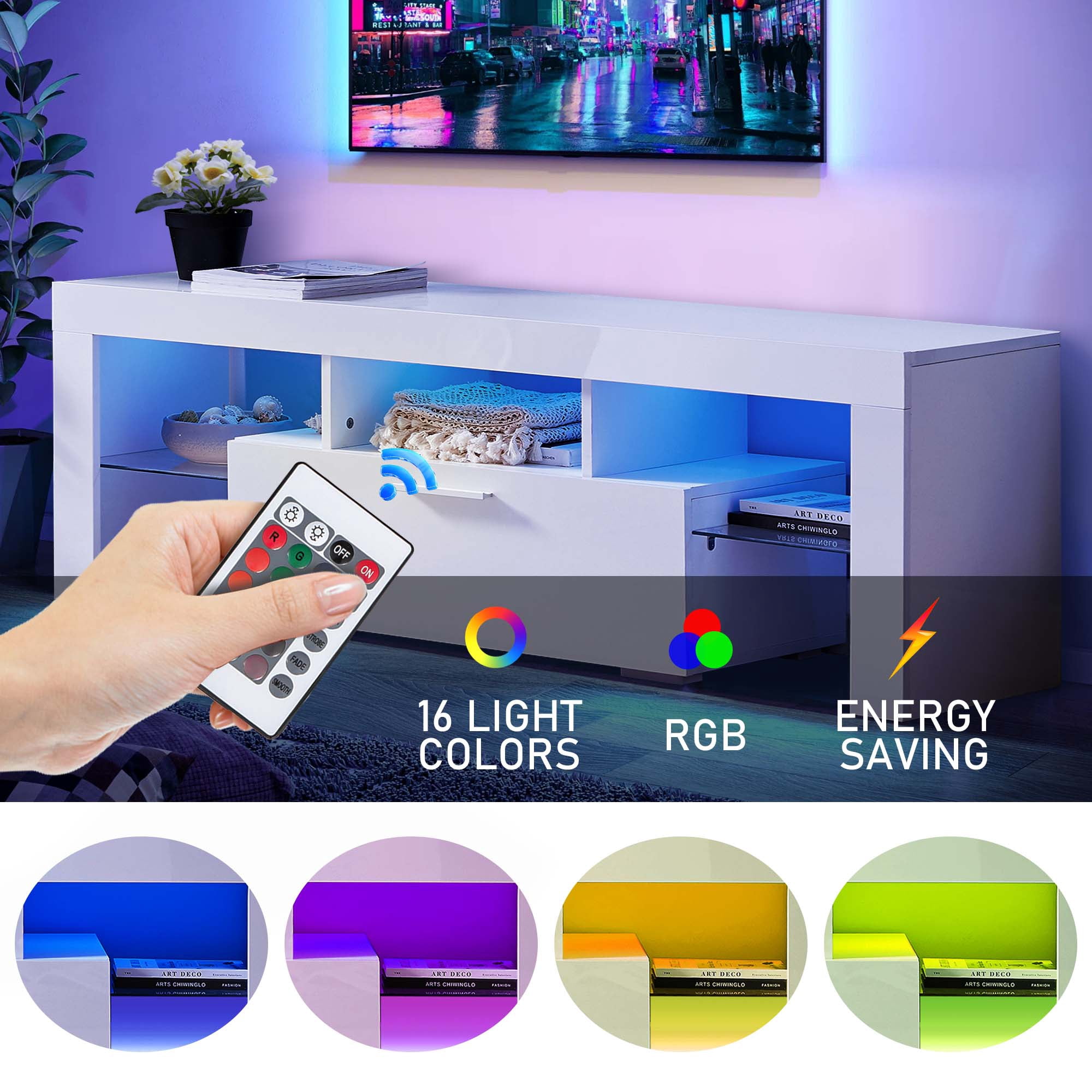 Aukfa LED  TV Stand for TVs up to 60", Storage TV Cabinet for Living Room - White