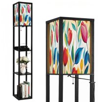 Floor Lamp with Shelves,Modern Dimmable Standing Lamp Artistic Brown French Grey Corner Display Bookshelf Lamp with 2 USB & 1 Power Outlet for Living Room & Bedroom