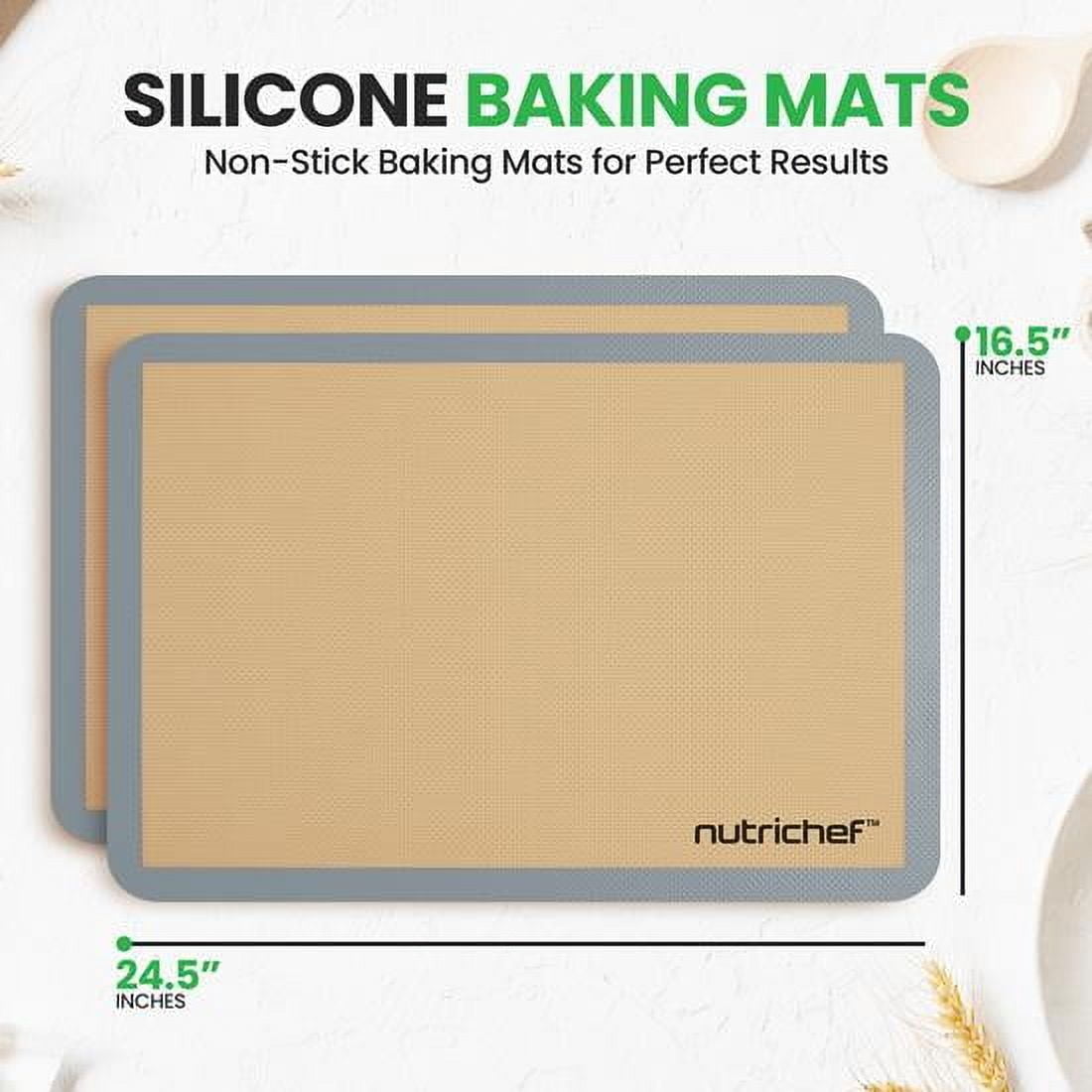 Nutrichef Silicone Baking Mats - 2 Non-stick Food-Grade Silicone Mats - Perfect for Full Baking Pans 24.4 x 16.5 IN - Oven-safe Up to 480 Degrees F - Suitable for Ovens, Freezers, & Dishwashers -Grey