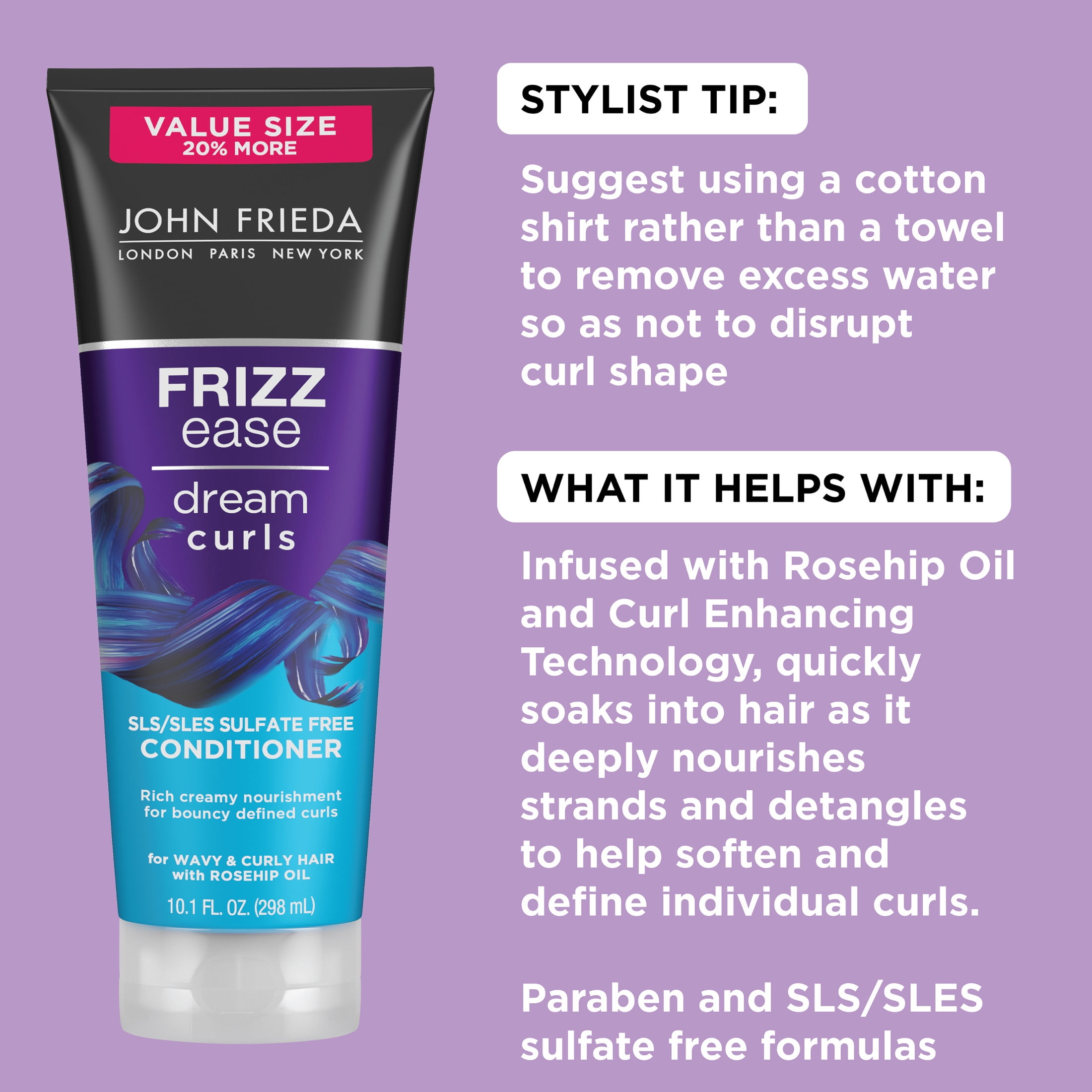 John Frieda Frizz Ease Dream Curls Conditioner, for Curly Hair, Sulfate Free, 10.1 fl oz