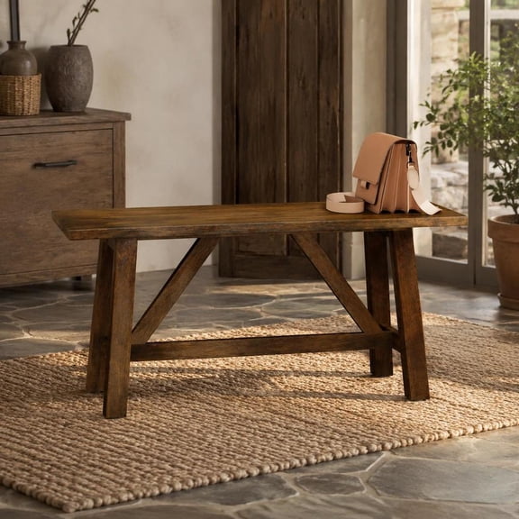 Entryway Bench, Rubber Wood Construction, 400 Lb Weight Capacity, Farmhouse Style, Brown, Suitable for Entryway and Dining Areas